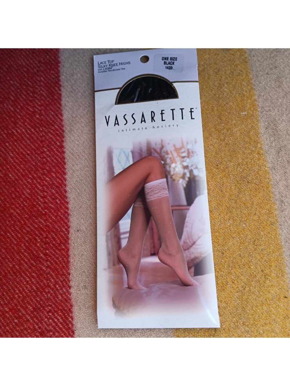 Vassarette Lace Top Silky Knee Highs With Lycra Black One Size Fits 8 1/2-11